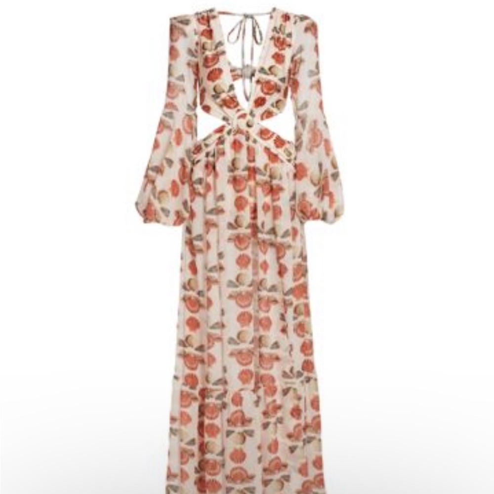 PatBO Seashell Puff-Sleeve Side Cutout Maxi Dress Small Cream